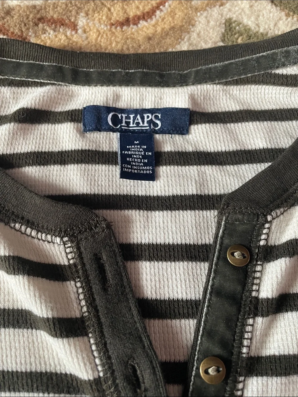 Chaps Women’s Long-Sleeve Striped Henley in Cream and Black